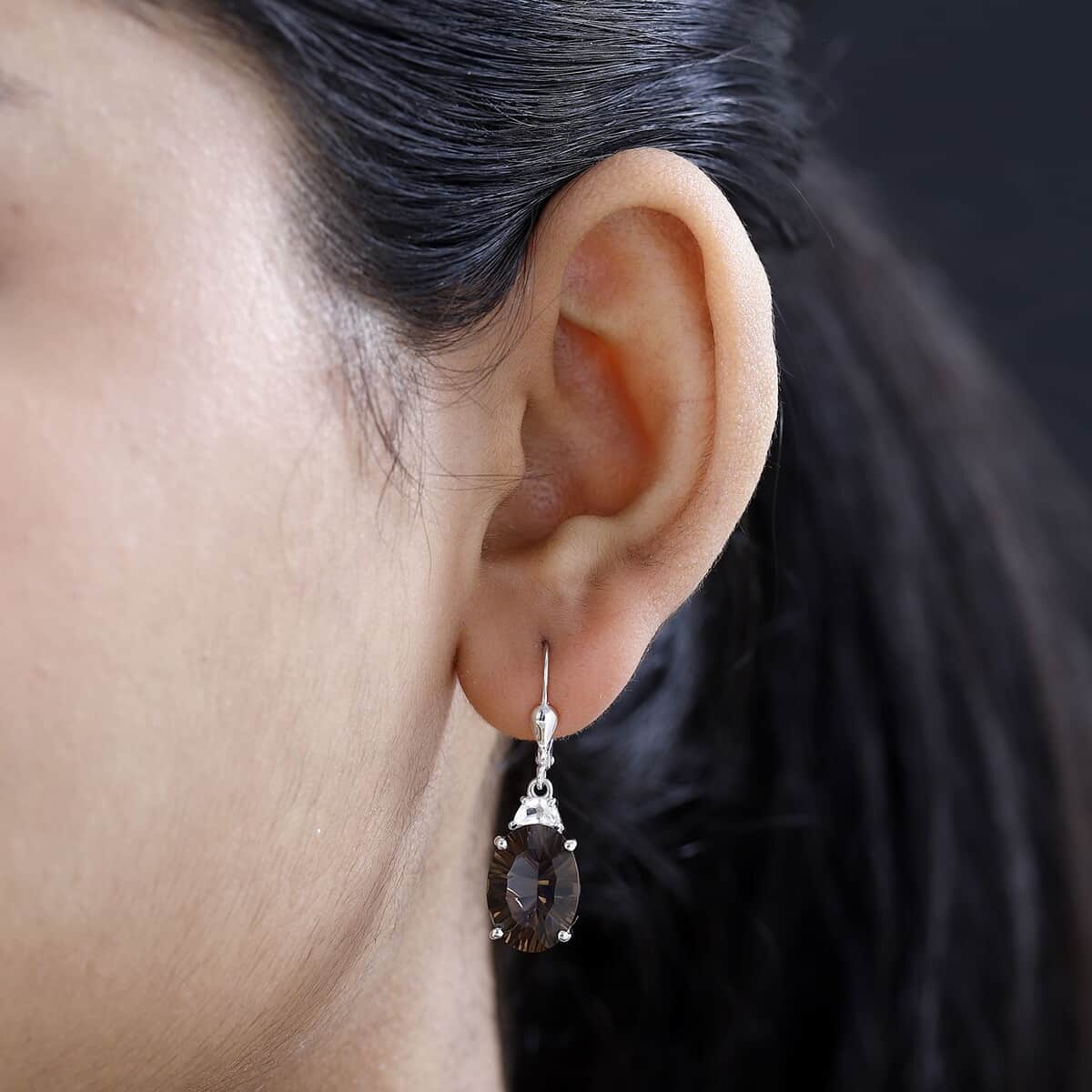 Doorbuster Concave Cut Smoky Quartz and White Topaz Lever Back Earrings in Platinum Over Sterling Silver 11.75 ctw image number 2
