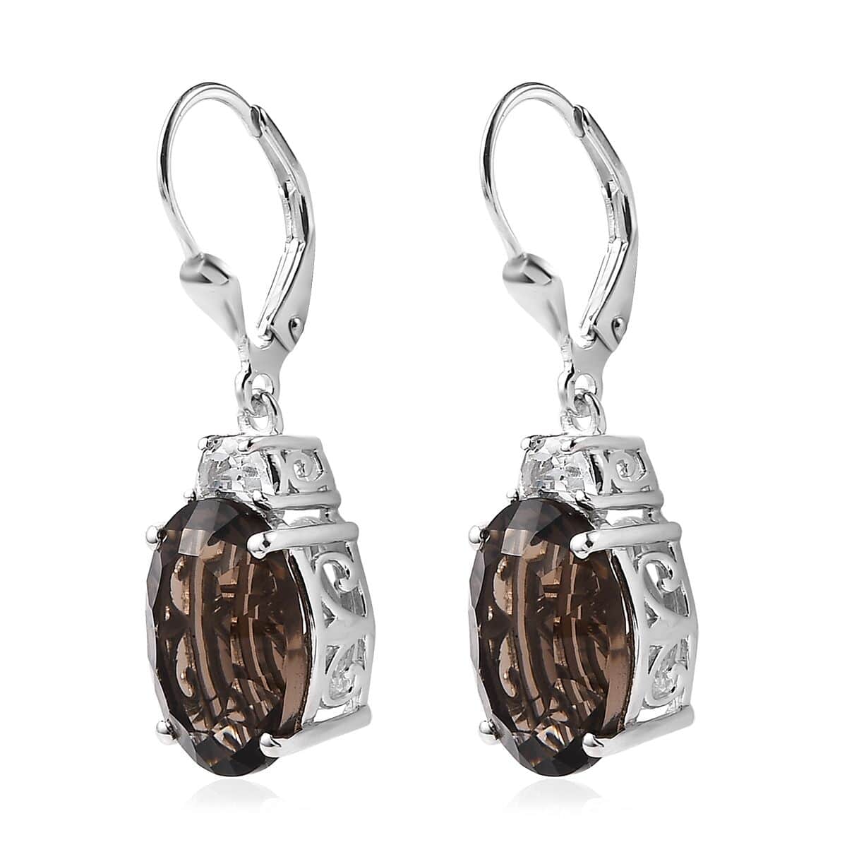 Doorbuster Concave Cut Smoky Quartz and White Topaz Lever Back Earrings in Platinum Over Sterling Silver 11.75 ctw image number 3