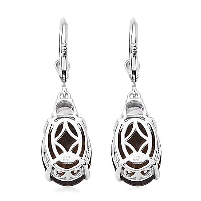 Concave Cut Smoky Quartz and White Topaz Lever Back Earrings in Platinum Over Sterling Silver 12.50 ctw