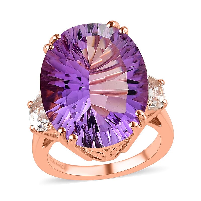 Concave Cut Rose De France Amethyst, White Topaz Ring in Vermeil RG Over Sterling Silver (Size 10.0) 19.35 ctw
