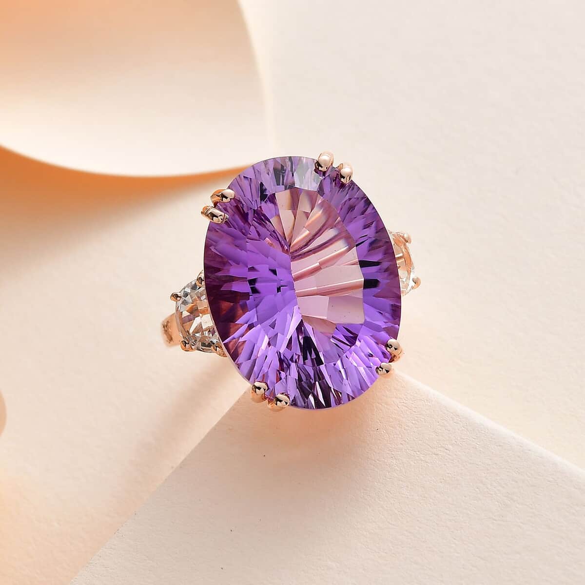 Doorbuster Concave Cut Rose De France Amethyst, White Topaz Ring in Vermeil RG Over Sterling Silver (Size 10.0) 19.35 ctw image number 1