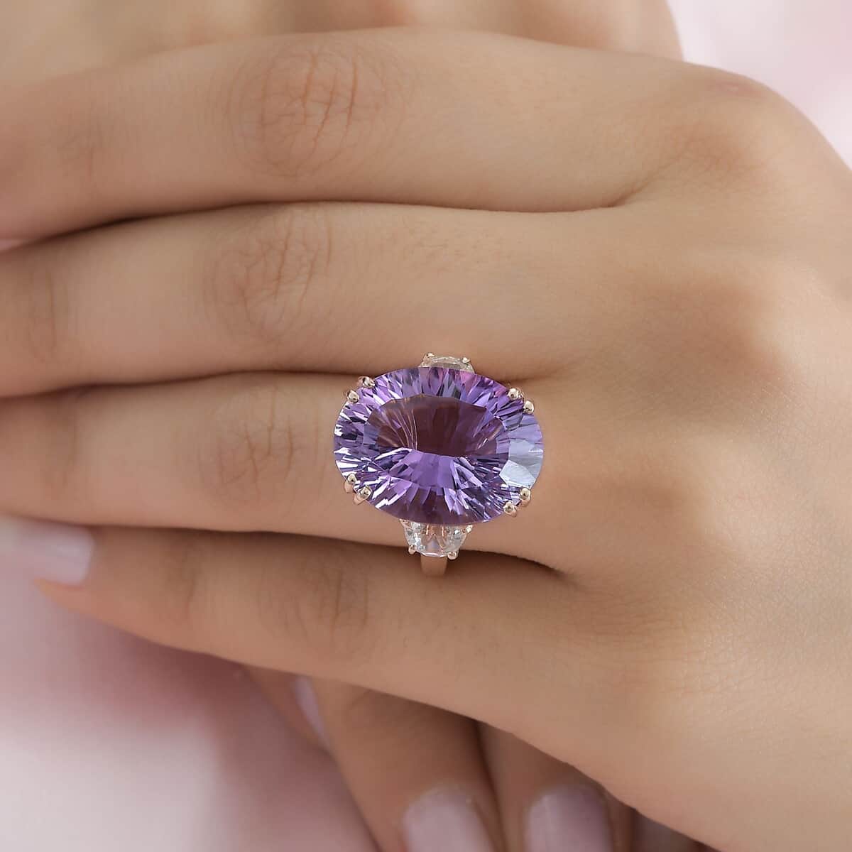 Doorbuster Concave Cut Rose De France Amethyst, White Topaz Ring in Vermeil RG Over Sterling Silver (Size 10.0) 19.35 ctw image number 2
