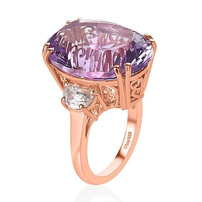 Concave Cut Rose De France Amethyst, White Topaz Ring in Vermeil RG Over Sterling Silver (Size 10.0) 19.35 ctw