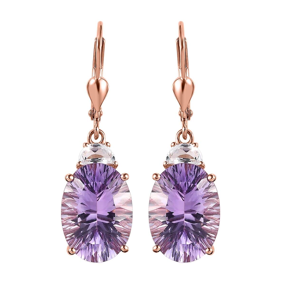 Concave Cut Rose De France Amethyst and White Topaz Lever Back Earrings in Vermeil Rose Gold Over Sterling Silver 12.50 ctw image number 0