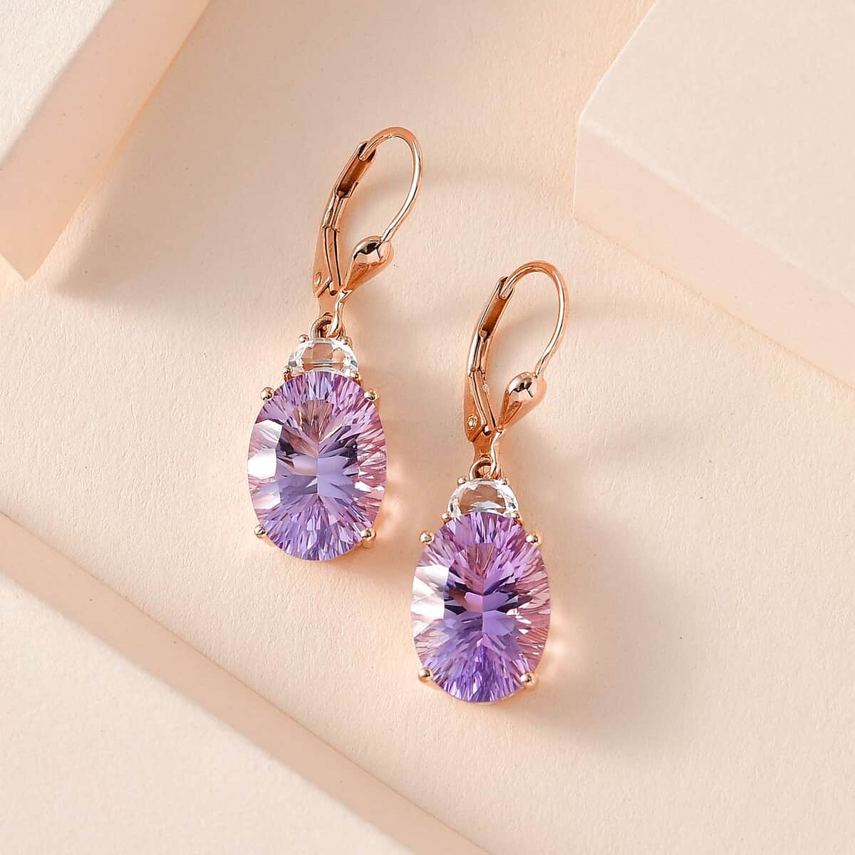 Concave Cut Rose De France Amethyst and White Topaz Lever Back Earrings in Vermeil Rose Gold Over Sterling Silver 12.50 ctw image number 1