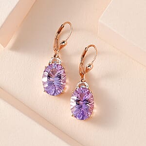 Concave Cut Rose De France Amethyst and White Topaz Lever Back Earrings in Vermeil Rose Gold Over Sterling Silver 12.50 ctw