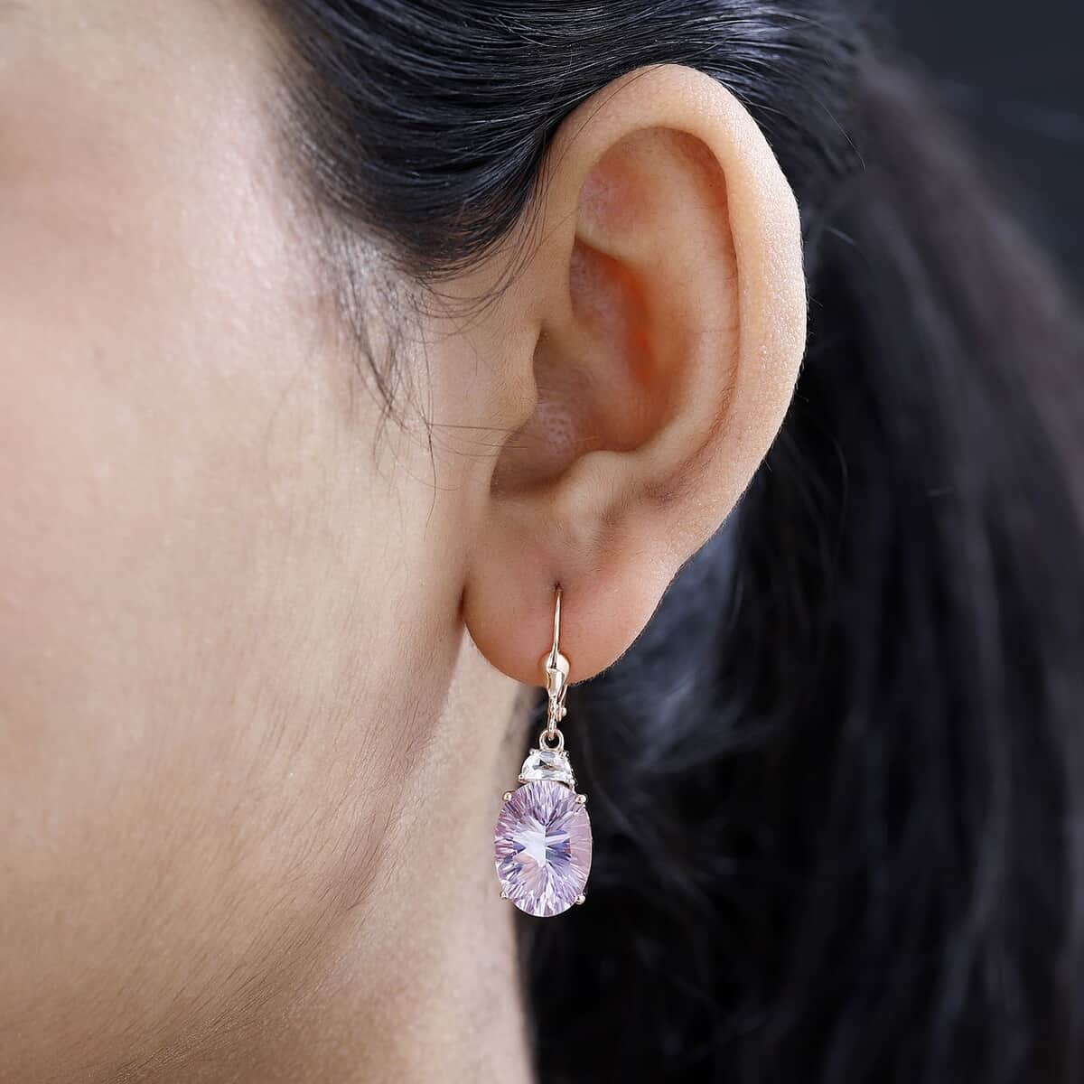 Concave Cut Rose De France Amethyst and White Topaz Lever Back Earrings in Vermeil Rose Gold Over Sterling Silver 12.50 ctw image number 2