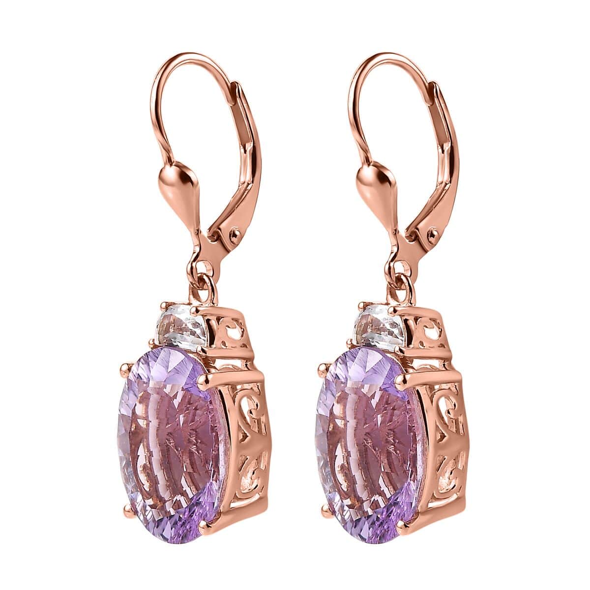 Concave Cut Rose De France Amethyst and White Topaz Lever Back Earrings in Vermeil Rose Gold Over Sterling Silver 12.50 ctw image number 3