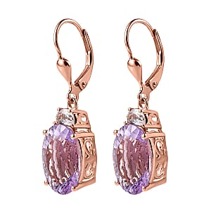 Concave Cut Rose De France Amethyst and White Topaz Lever Back Earrings in Vermeil Rose Gold Over Sterling Silver 12.50 ctw