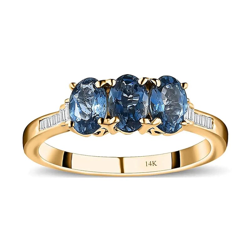 AAA Santa Maria Aquamarine Three Stone Ring in 14K Yellow Gold, G-H I2 Diamond Accent Ring, Aquamarine Jewelry, Birthstone Gift For Her 1.25 ctw