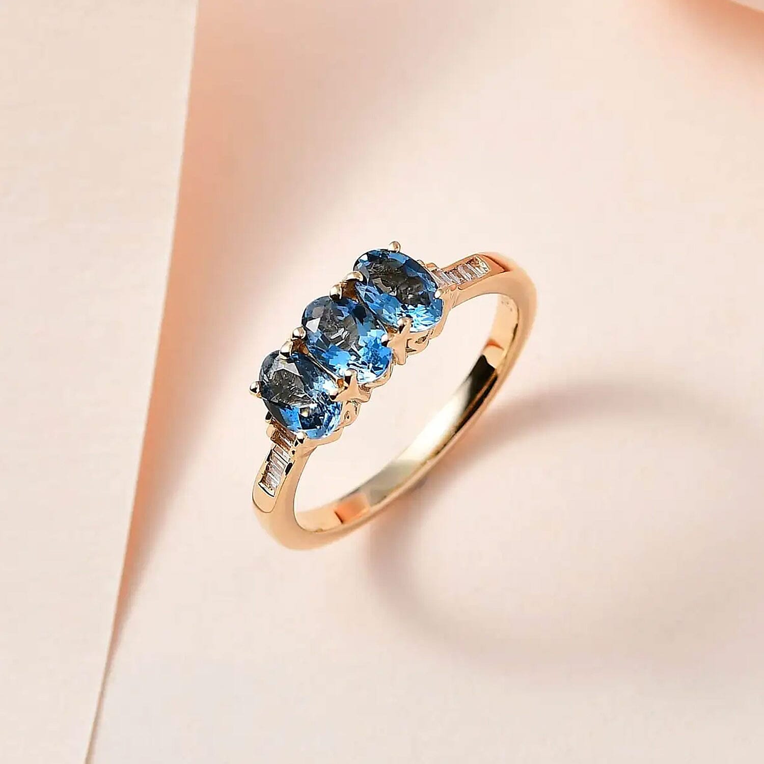 AAA Santa Maria Aquamarine Three Stone Ring in 14K Yellow Gold, G-H I2 Diamond Accent Ring, Aquamarine Jewelry, Birthstone Gift For Her 1.25 ctw