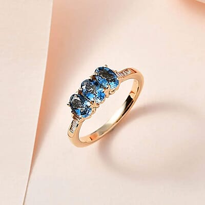 AAA Santa Maria Aquamarine Three Stone Ring in 14K Yellow Gold, G-H I2 Diamond Accent Ring, Aquamarine Jewelry, Birthstone Gift For Her 1.25 ctw