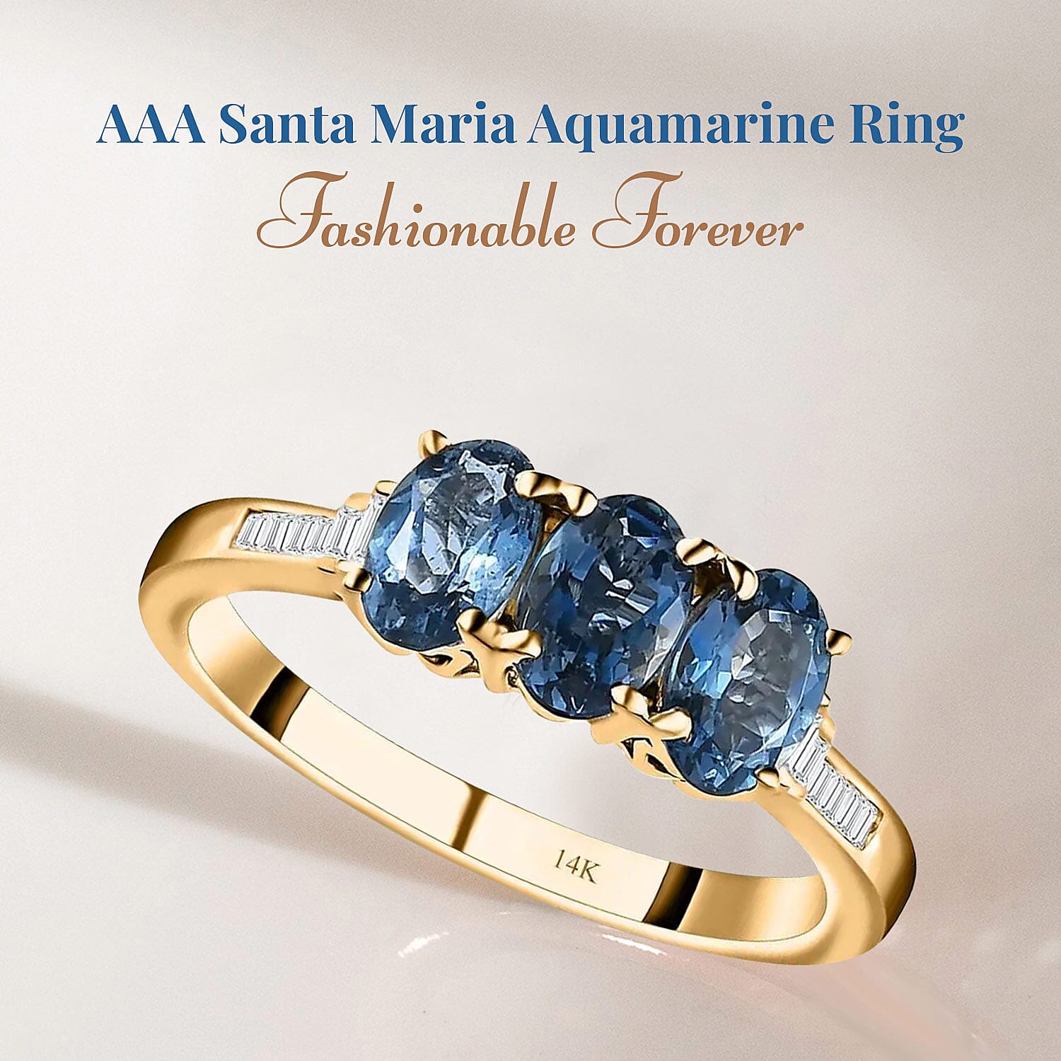 AAA Santa Maria Aquamarine Three Stone Ring in 14K Yellow Gold, G-H I2 Diamond Accent Ring, Aquamarine Jewelry, Birthstone Gift For Her 1.25 ctw