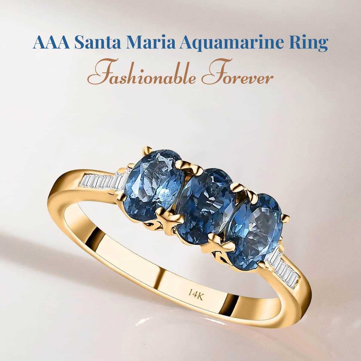 AAA Santa Maria Aquamarine Three Stone Ring in 14K Yellow Gold, G-H I2 Diamond Accent Ring, Aquamarine Jewelry, Birthstone Gift For Her 1.25 ctw image number 2