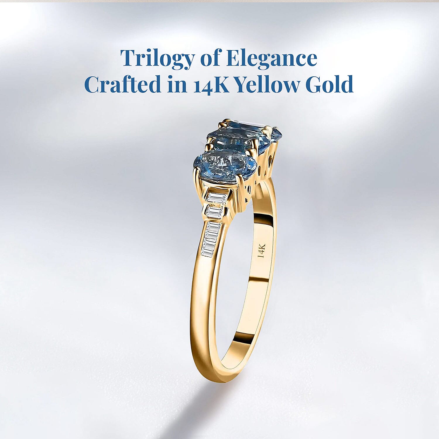AAA Santa Maria Aquamarine Three Stone Ring in 14K Yellow Gold, G-H I2 Diamond Accent Ring, Aquamarine Jewelry, Birthstone Gift For Her 1.25 ctw