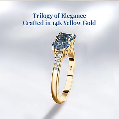 AAA Santa Maria Aquamarine Three Stone Ring in 14K Yellow Gold, G-H I2 Diamond Accent Ring, Aquamarine Jewelry, Birthstone Gift For Her 1.25 ctw