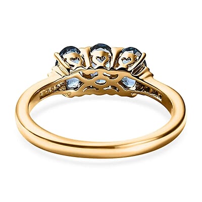 AAA Santa Maria Aquamarine Three Stone Ring in 14K Yellow Gold, G-H I2 Diamond Accent Ring, Aquamarine Jewelry, Birthstone Gift For Her 1.25 ctw