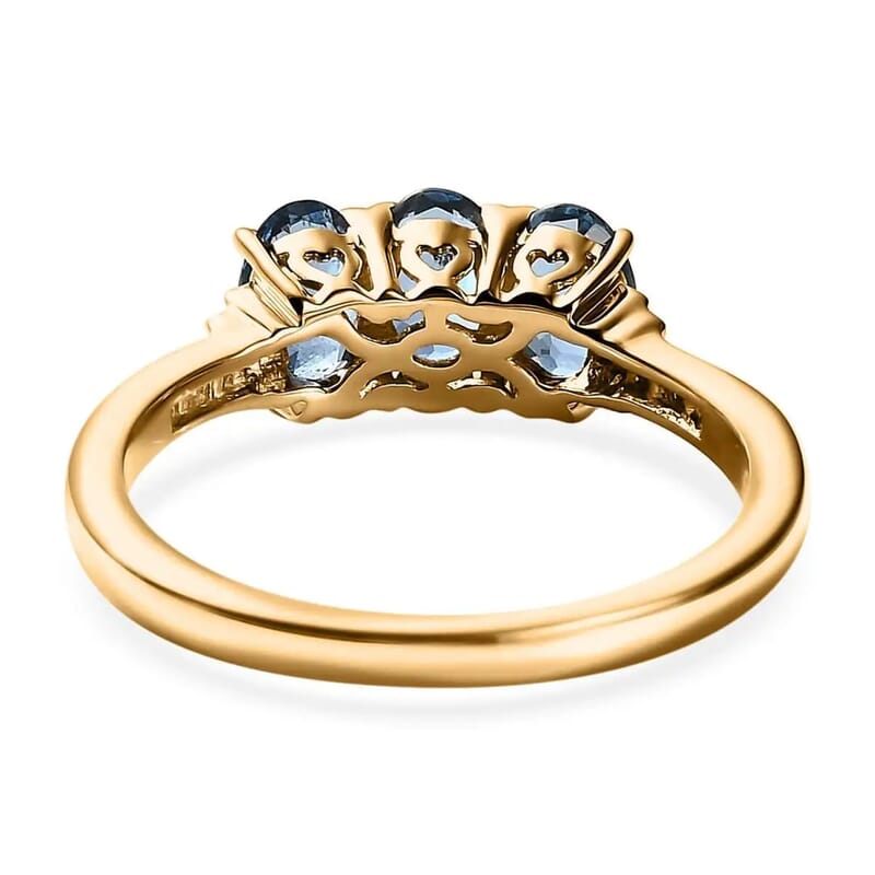 AAA Santa Maria Aquamarine Three Stone Ring in 14K Yellow Gold, G-H I2 Diamond Accent Ring, Aquamarine Jewelry, Birthstone Gift For Her 1.25 ctw