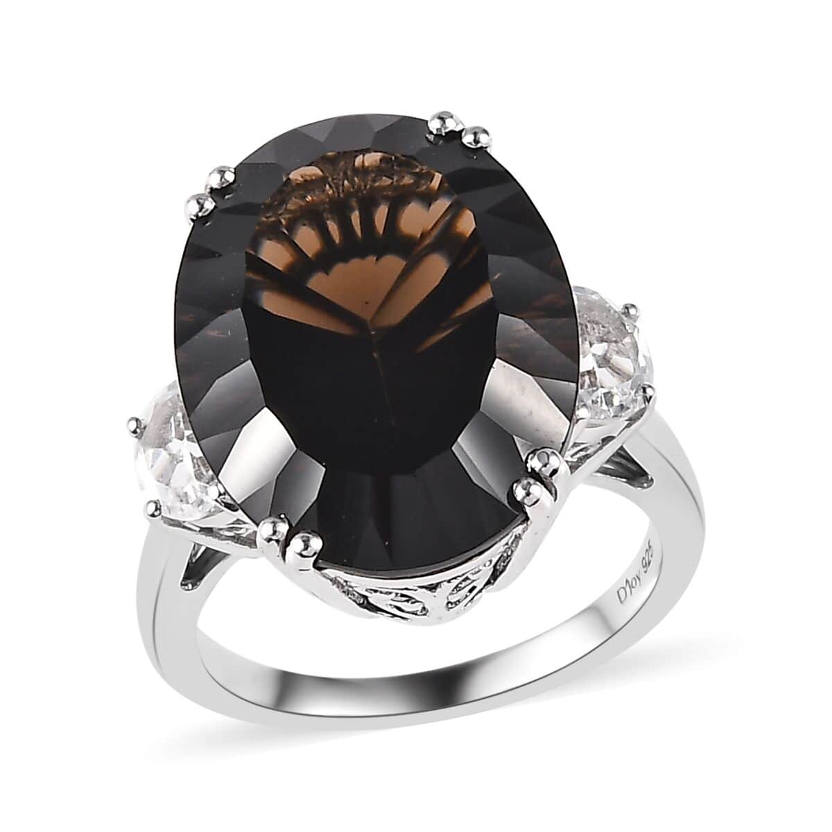 Concave Cut Brazilian Smoky Quartz and White Topaz Ring in Platinum Over Sterling Silver (Size 10.0) 19.35 ctw image number 0