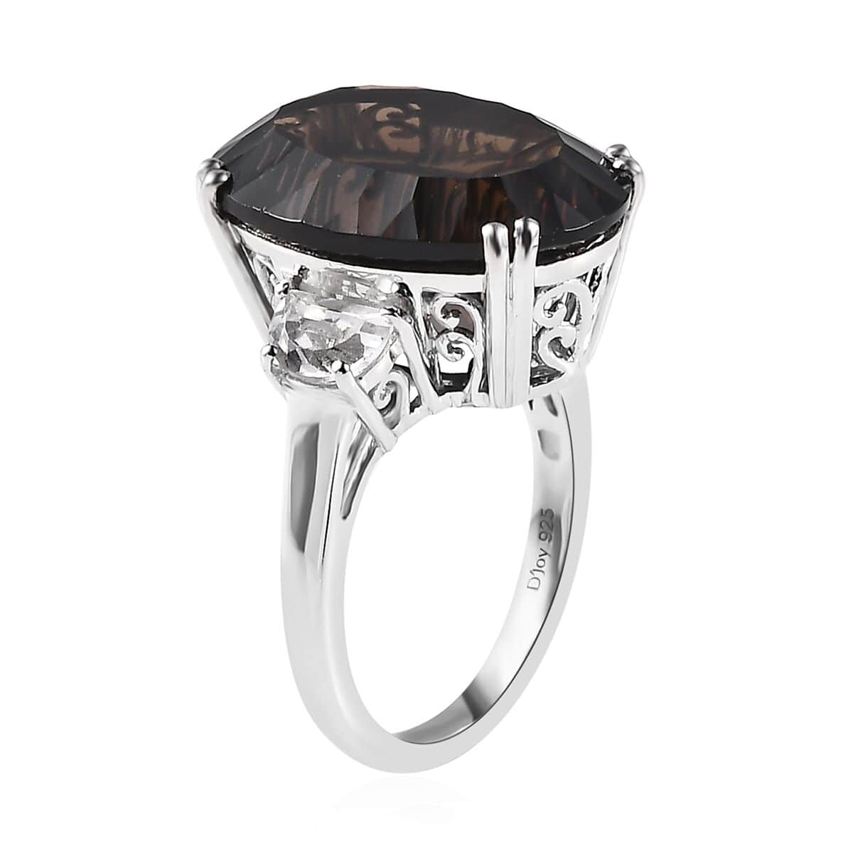 Concave Cut Brazilian Smoky Quartz and White Topaz Ring in Platinum Over Sterling Silver (Size 10.0) 19.35 ctw image number 3