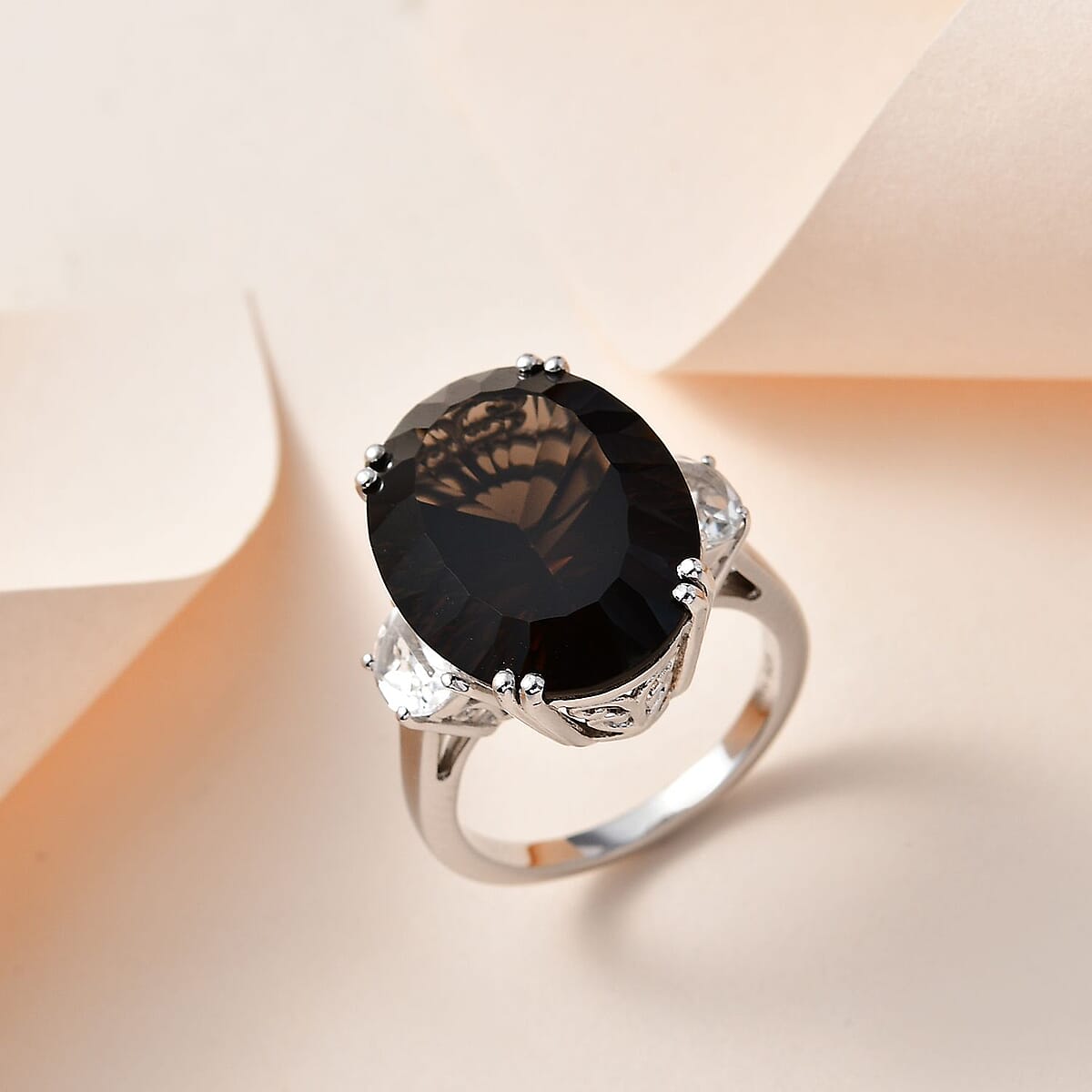 Concave Cut Brazilian Smoky Quartz and White Topaz Ring in Platinum Over Sterling Silver (Size 6.0) 19.35 ctw image number 1