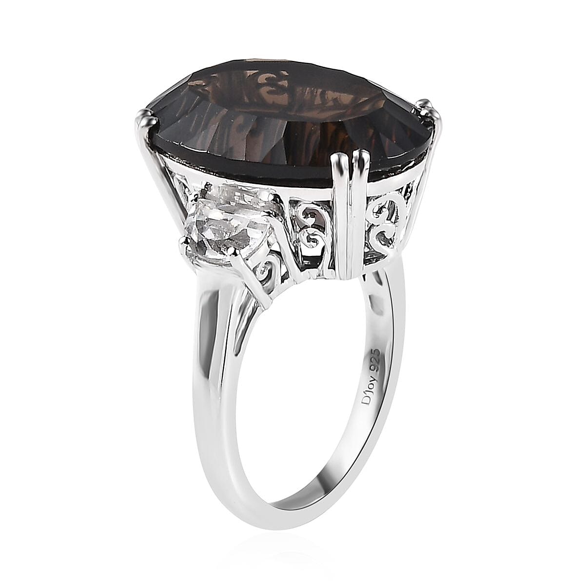 Concave Cut Brazilian Smoky Quartz and White Topaz Ring in Platinum Over Sterling Silver (Size 6.0) 19.35 ctw image number 3