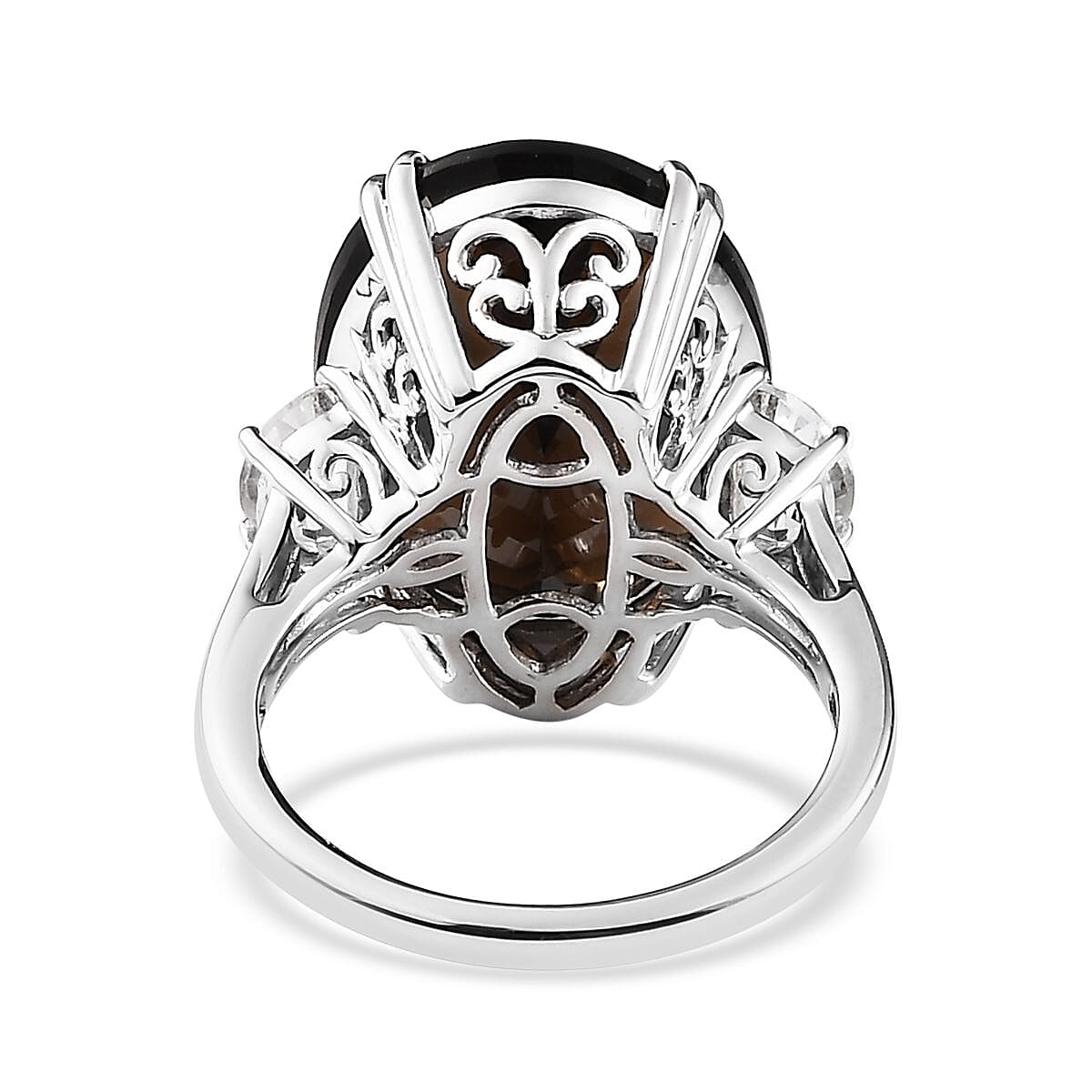Concave Cut Brazilian Smoky Quartz and White Topaz Ring in Platinum Over Sterling Silver (Size 6.0) 19.35 ctw image number 4