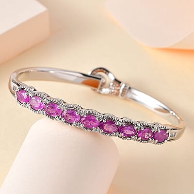 Ilakaka Hot Pink Sapphire (FF) and White Zircon Bangle Bracelet in Platinum Over Sterling Silver (6.50 In) 6.50 ctw