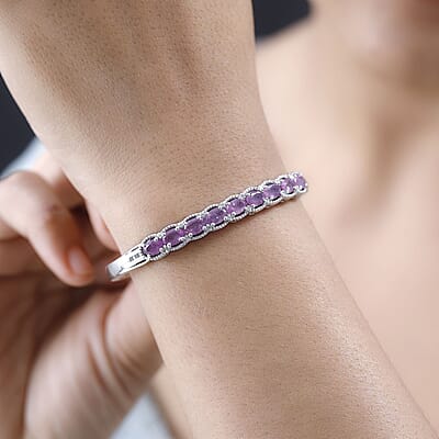 Ilakaka Hot Pink Sapphire (FF) and White Zircon Bangle Bracelet in Platinum Over Sterling Silver (6.50 In) 6.50 ctw
