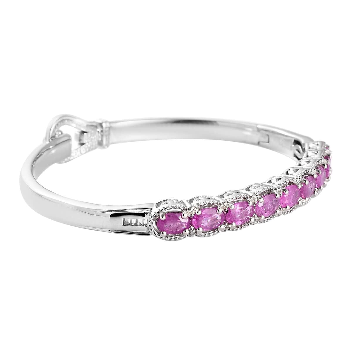 Doorbuster Ilakaka Hot Pink Sapphire (FF) and White Zircon Bangle Bracelet in Platinum Over Sterling Silver (6.50 In) 6.50 ctw image number 3