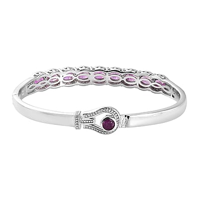 Ilakaka Hot Pink Sapphire (FF) and White Zircon Bangle Bracelet in Platinum Over Sterling Silver (6.50 In) 6.50 ctw