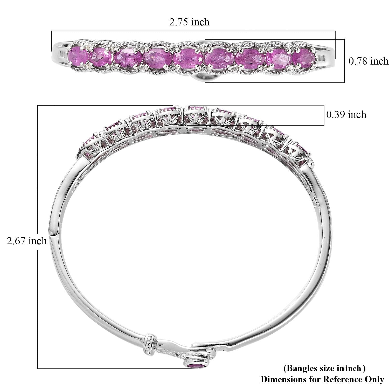Ilakaka Hot Pink Sapphire (FF) and White Zircon Bangle Bracelet in Platinum Over Sterling Silver (6.50 In) 6.50 ctw