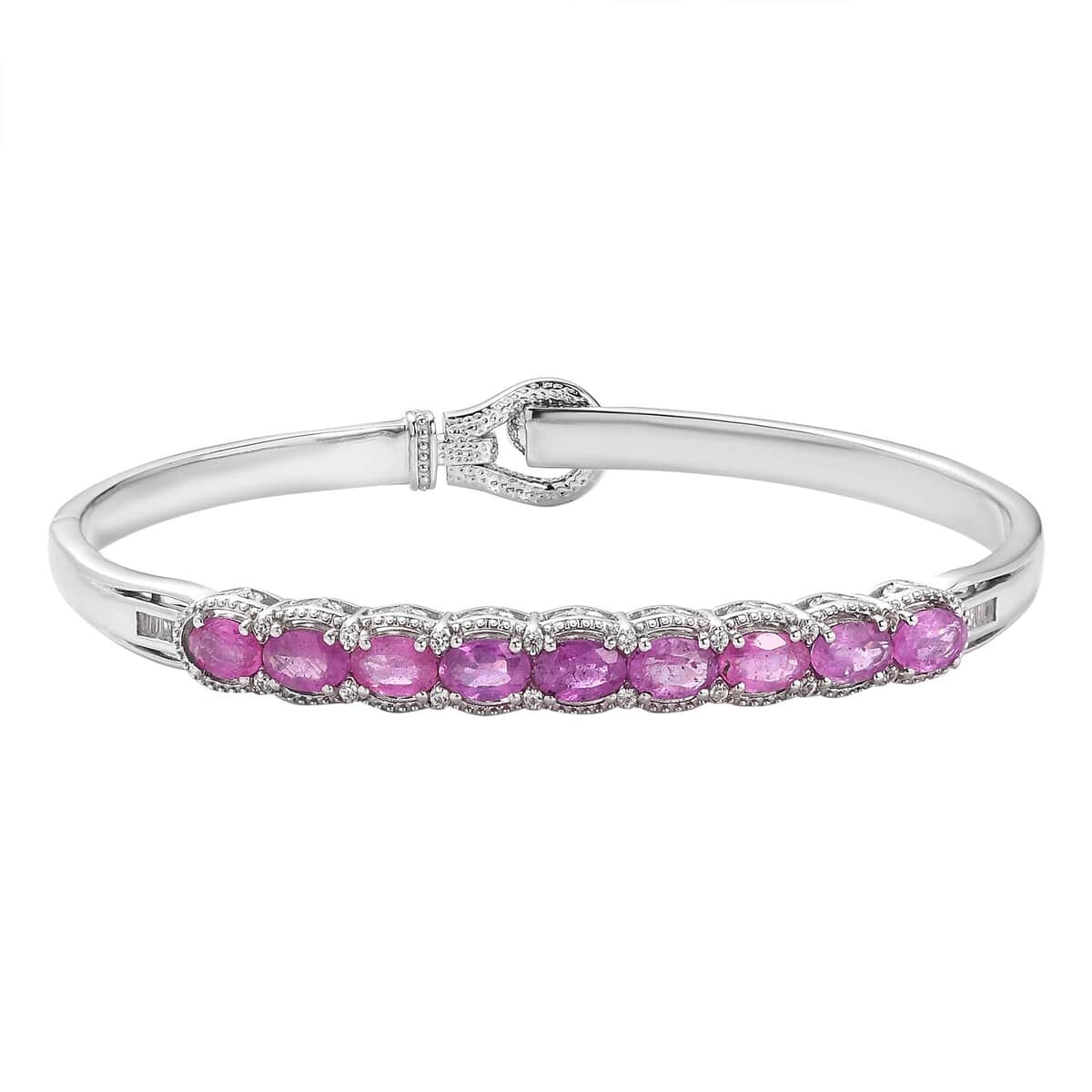Ilakaka Hot Pink Sapphire (FF) and White Zircon Bangle Bracelet in Platinum Over Sterling Silver (7.25 In) 6.50 ctw image number 0