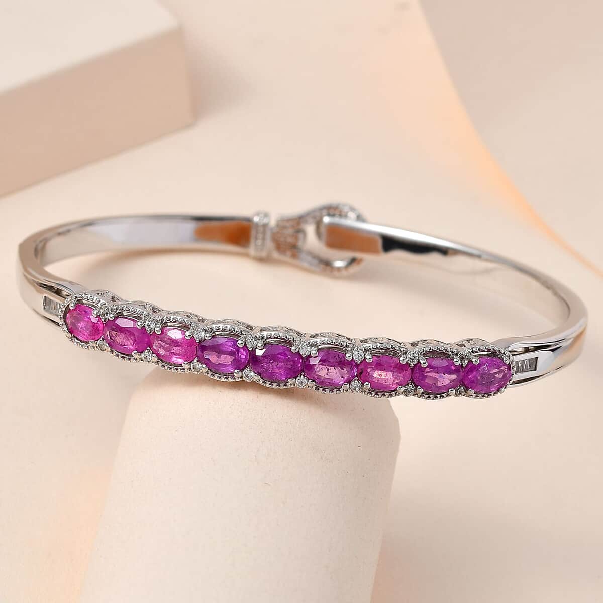 Ilakaka Hot Pink Sapphire (FF) and White Zircon Bangle Bracelet in Platinum Over Sterling Silver (7.25 In) 6.50 ctw image number 1