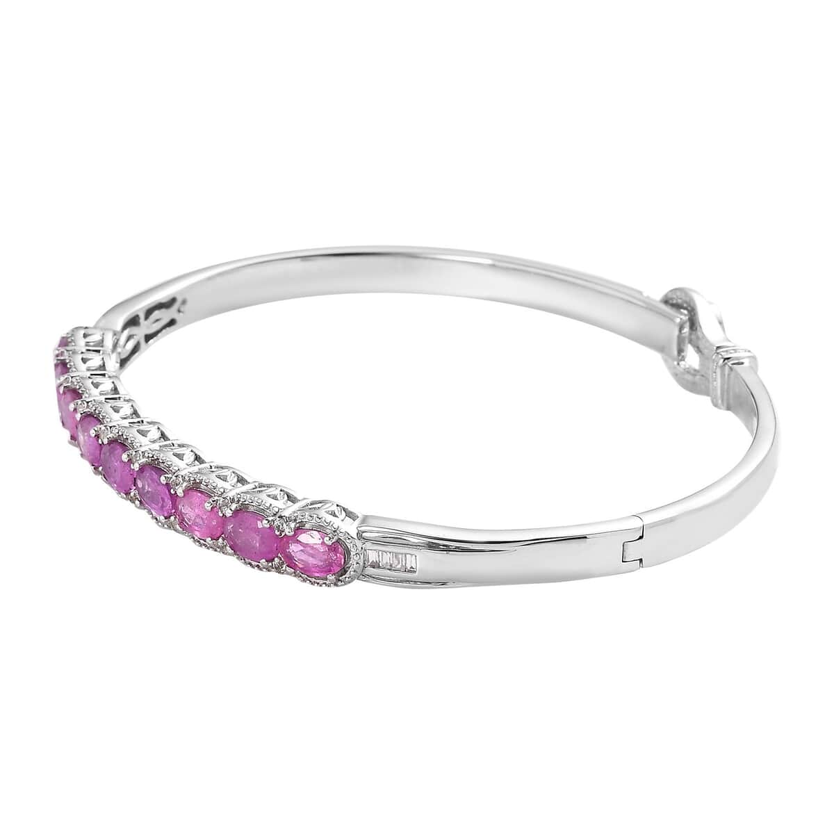 Ilakaka Hot Pink Sapphire (FF) and White Zircon Bangle Bracelet in Platinum Over Sterling Silver (7.25 In) 6.50 ctw image number 3