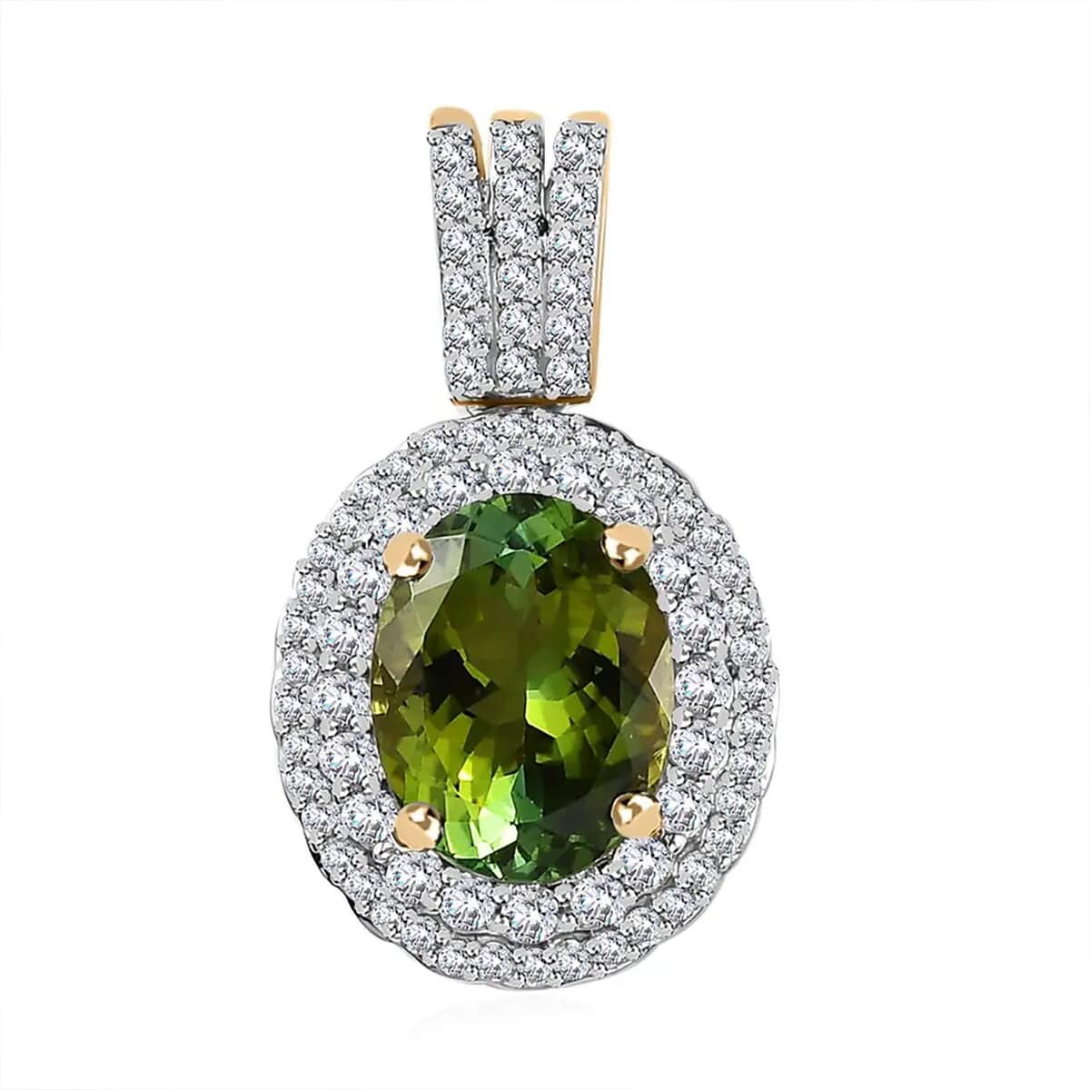 Luxoro Premium Natural Calabar Green Tourmaline and Moissanite 2.50 ctw Double Halo Pendant in 10K Yellow Gold image number 0