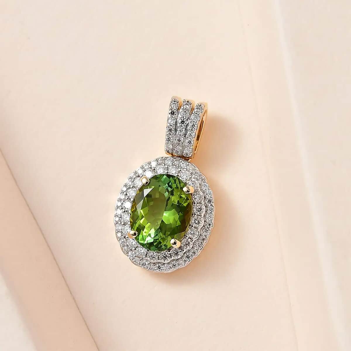 Luxoro Premium Natural Calabar Green Tourmaline and Moissanite 2.50 ctw Double Halo Pendant in 10K Yellow Gold image number 1