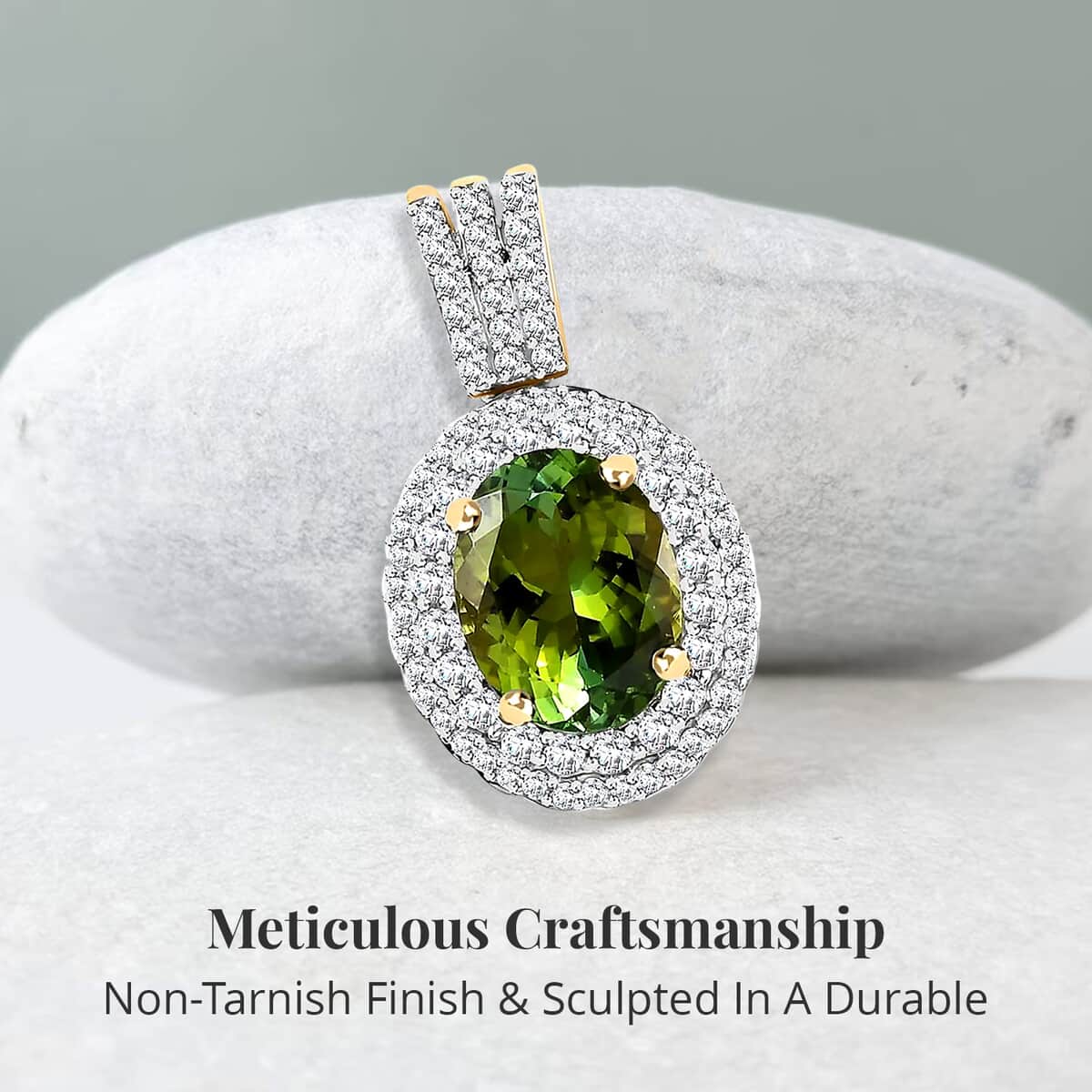 Luxoro Premium Natural Calabar Green Tourmaline and Moissanite 2.50 ctw Double Halo Pendant in 10K Yellow Gold image number 3