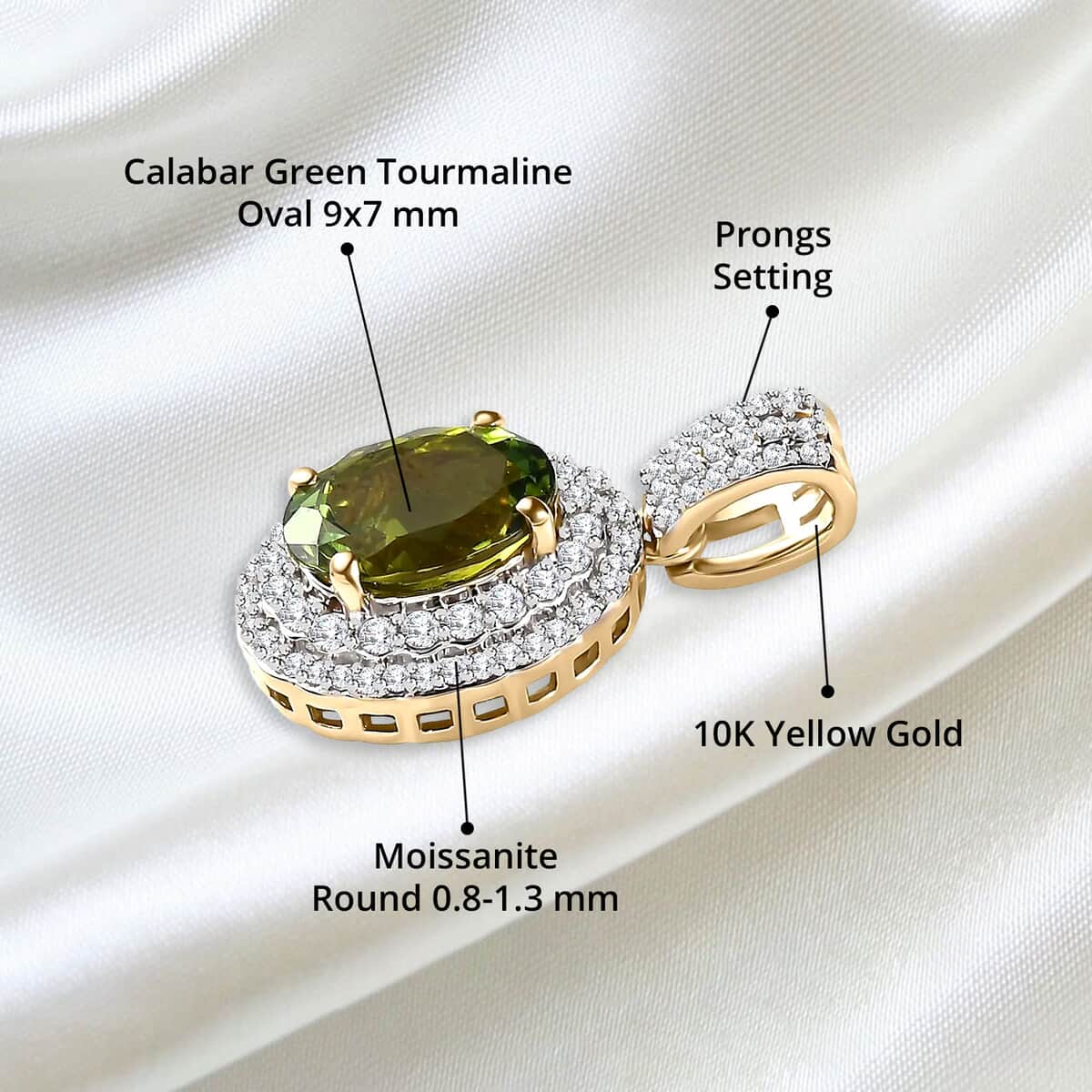 Luxoro Premium Natural Calabar Green Tourmaline and Moissanite 2.50 ctw Double Halo Pendant in 10K Yellow Gold image number 4