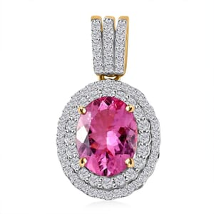 Luxoro Premium Natural Calabar Pink Tourmaline and Moissanite 2.35 ctw Double Halo Pendant without Chain in 10K Yellow Gold