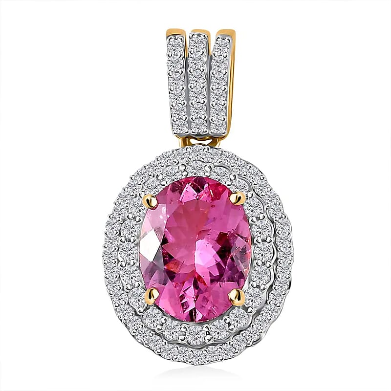 Luxoro Premium Natural Calabar Pink Tourmaline and Moissanite 2.35 ctw Double Halo Pendant without Chain in 10K Yellow Gold