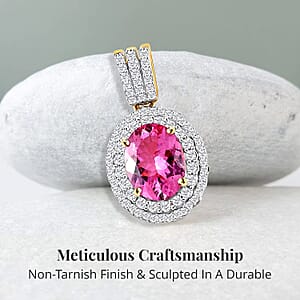 Luxoro Premium Natural Calabar Pink Tourmaline and Moissanite 2.35 ctw Double Halo Pendant without Chain in 10K Yellow Gold (Del. in 10-12 Days)