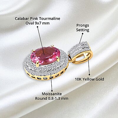 Luxoro Premium Natural Calabar Pink Tourmaline and Moissanite 2.35 ctw Double Halo Pendant without Chain in 10K Yellow Gold