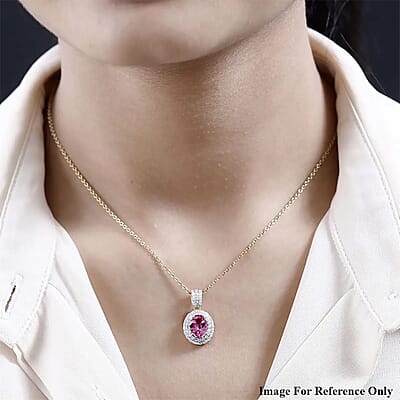 Luxoro Premium Natural Calabar Pink Tourmaline and Moissanite 2.35 ctw Double Halo Pendant without Chain in 10K Yellow Gold