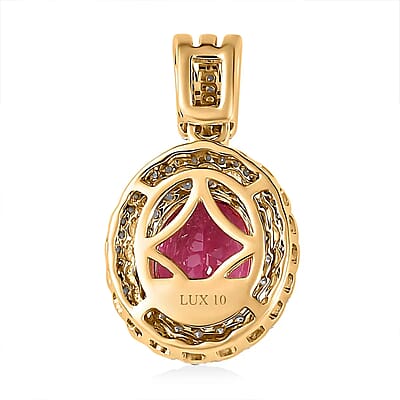 Luxoro Premium Natural Calabar Pink Tourmaline and Moissanite 2.35 ctw Double Halo Pendant without Chain in 10K Yellow Gold