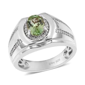 Doorbuster Natural Calabar Green Tourmaline and Moissanite Men's Ring in Platinum Over Sterling Silver (Size 10.0) 1.50 ctw