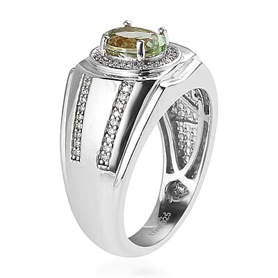 Natural Calabar Green Tourmaline and Moissanite Men's Ring in Platinum Over Sterling Silver (Size 10.0) 1.50 ctw