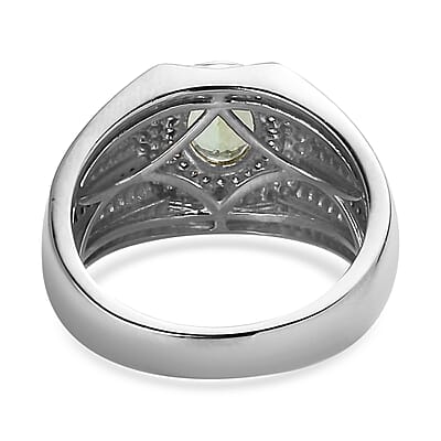 Natural Calabar Green Tourmaline and Moissanite Men's Ring in Platinum Over Sterling Silver (Size 10.0) 1.50 ctw