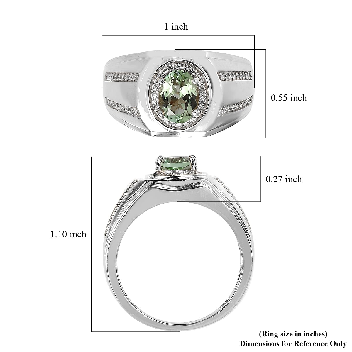 Natural Calabar Green Tourmaline and Moissanite Men's Ring in Platinum Over Sterling Silver (Size 10.0) 1.50 ctw