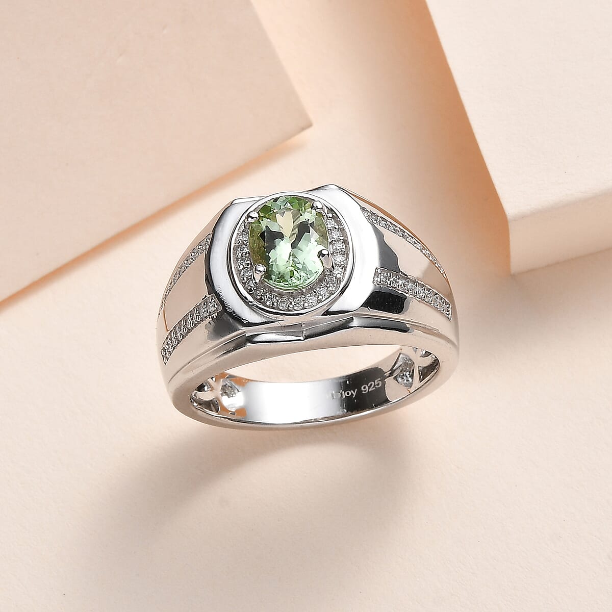 Natural Calabar Green Tourmaline and Moissanite Men's Ring in Platinum Over Sterling Silver (Size 13.0) 1.50 ctw image number 1